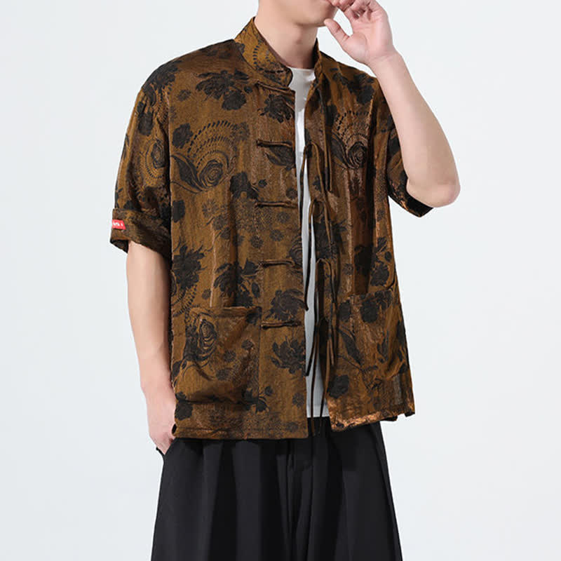 Buddha Stones 夏物 唐風 マンダリンカラー 花柄ジャカード メンズ 半袖シャツ ポケット付き - image 24
