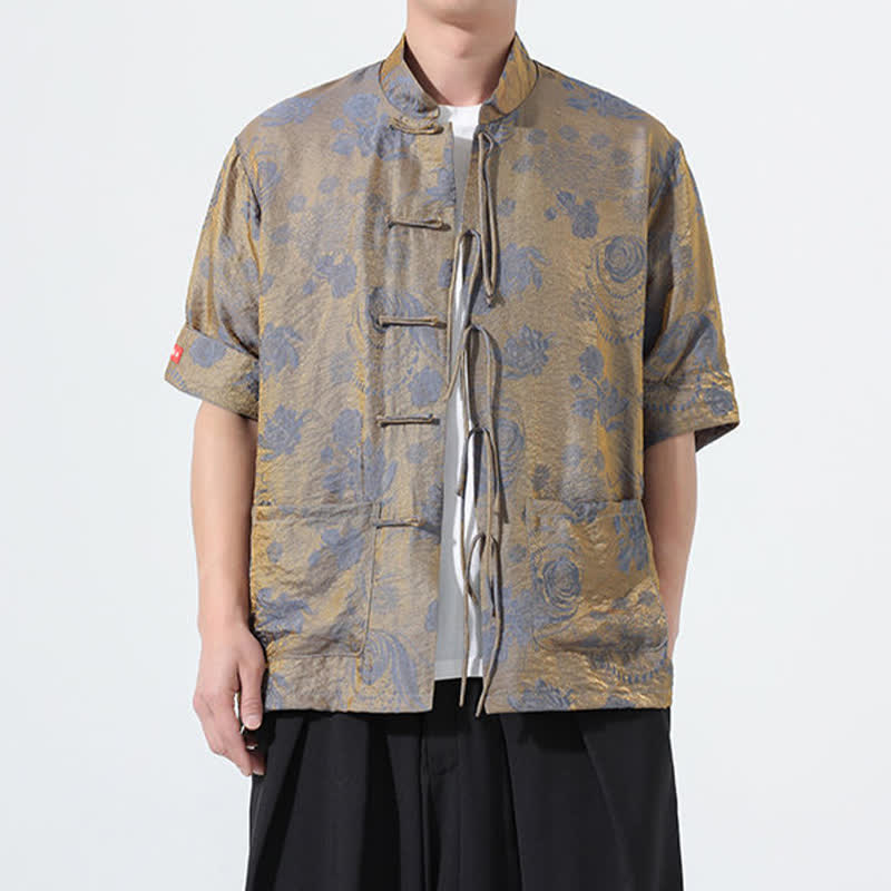 Buddha Stones 夏物 唐風 マンダリンカラー 花柄ジャカード メンズ 半袖シャツ ポケット付き - image 4