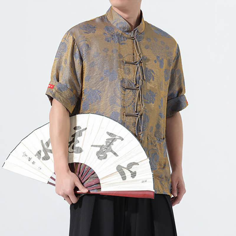 Buddha Stones 夏物 唐風 マンダリンカラー 花柄ジャカード メンズ 半袖シャツ ポケット付き - image 8