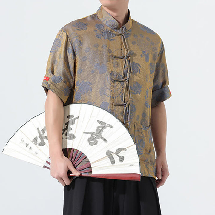 Buddha Stones 夏物 唐風 マンダリンカラー 花柄ジャカード メンズ 半袖シャツ ポケット付き - image 8