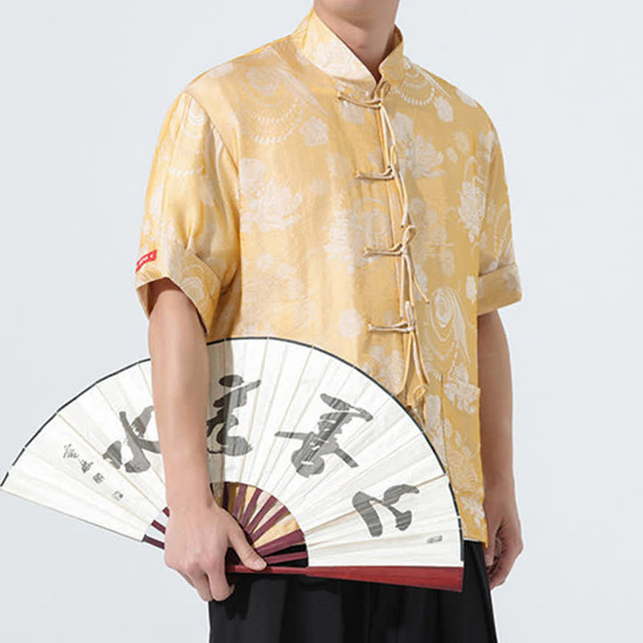 Buddha Stones 夏物 唐風 マンダリンカラー 花柄ジャカード メンズ 半袖シャツ ポケット付き - image 21