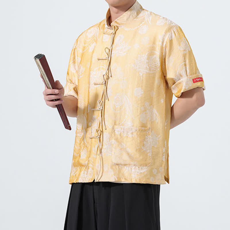 Buddha Stones 夏物 唐風 マンダリンカラー 花柄ジャカード メンズ 半袖シャツ ポケット付き - image 18