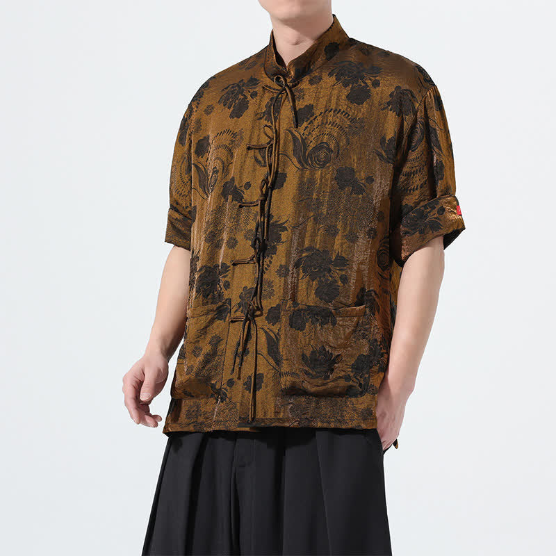 Buddha Stones 夏物 唐風 マンダリンカラー 花柄ジャカード メンズ 半袖シャツ ポケット付き - image 27