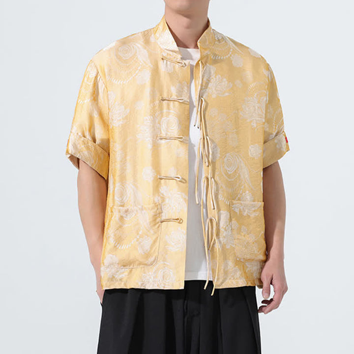 Buddha Stones 夏物 唐風 マンダリンカラー 花柄ジャカード メンズ 半袖シャツ ポケット付き - image 15