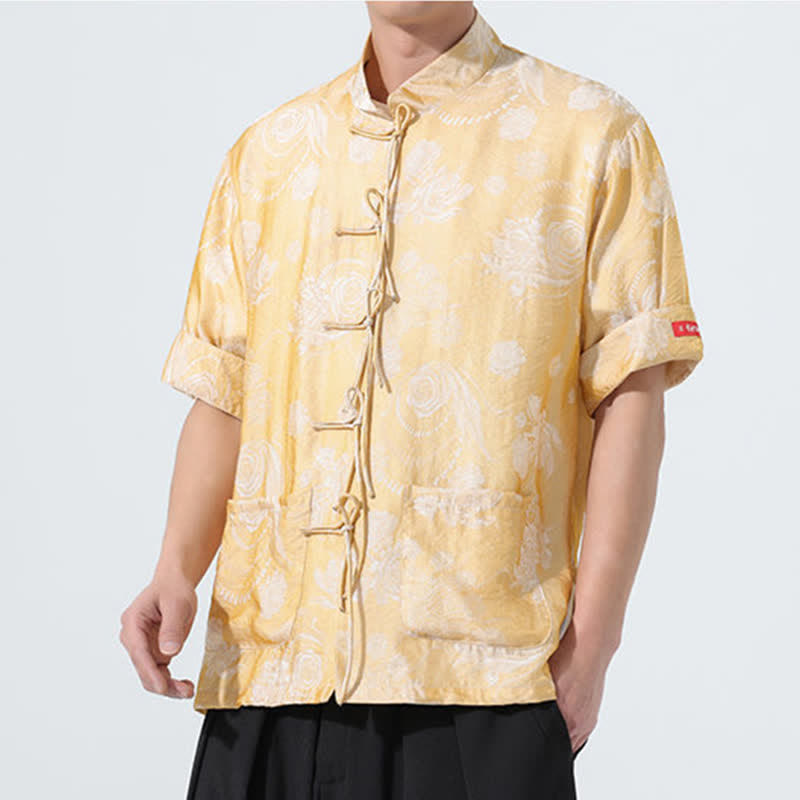 Buddha Stones 夏物 唐風 マンダリンカラー 花柄ジャカード メンズ 半袖シャツ ポケット付き - image 17