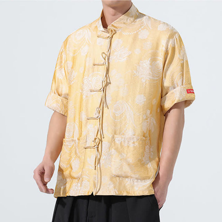 Buddha Stones 夏物 唐風 マンダリンカラー 花柄ジャカード メンズ 半袖シャツ ポケット付き - image 17