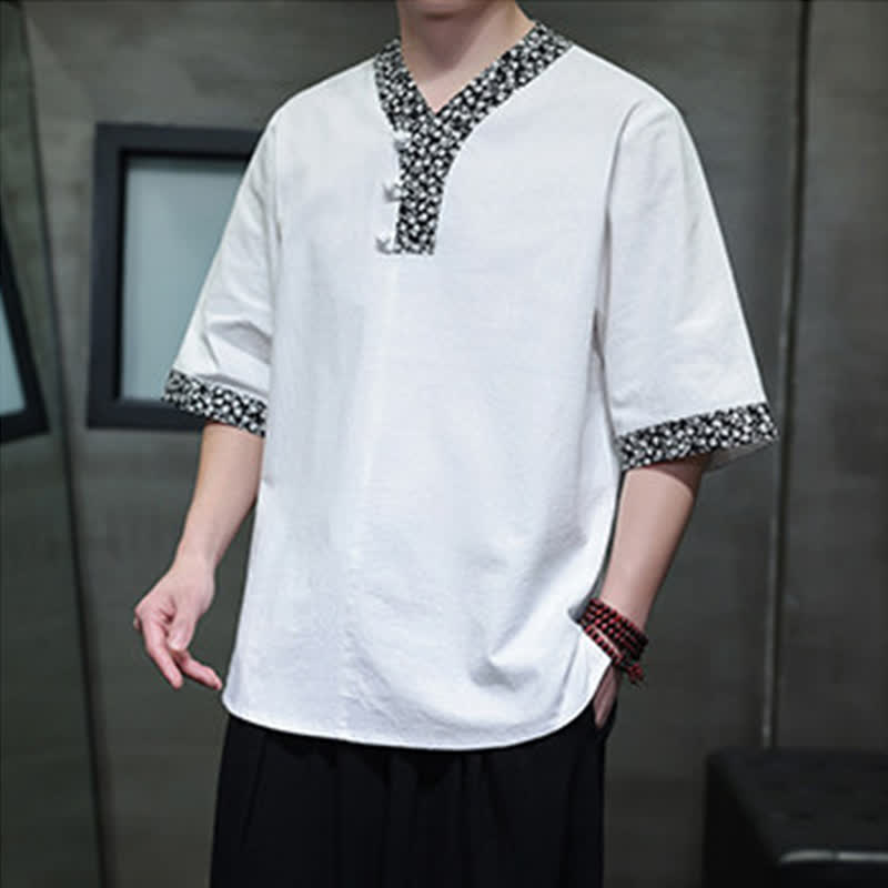Buddha Stones 夏物カジュアル マンダリンカラー フロッグボタン コットン メンズ 半袖シャツ - image 3