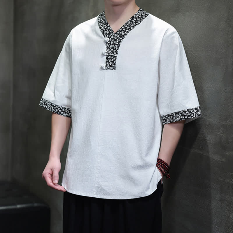 Buddha Stones 夏物カジュアル マンダリンカラー フロッグボタン コットン メンズ 半袖シャツ - image 7