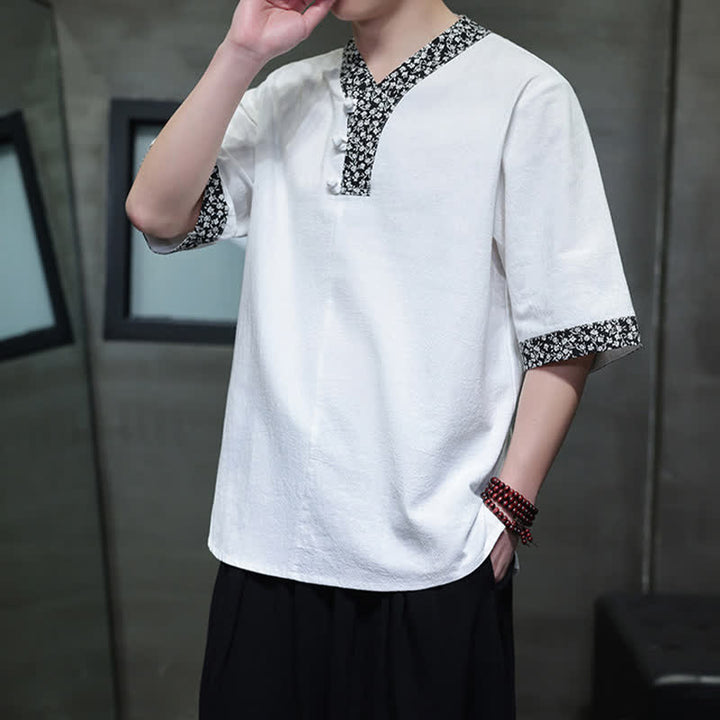 Buddha Stones 夏物カジュアル マンダリンカラー フロッグボタン コットン メンズ 半袖シャツ - 白 - US/UK/AU46、 EU56 (5XL) - image 0