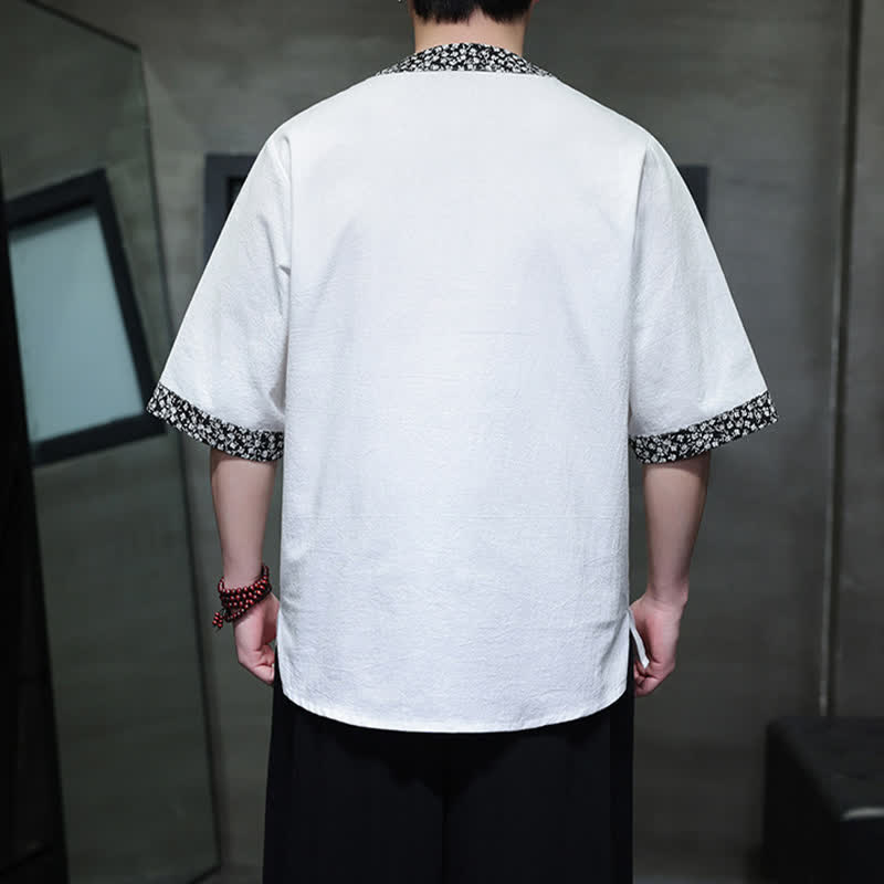 Buddha Stones 夏物カジュアル マンダリンカラー フロッグボタン コットン メンズ 半袖シャツ - image 1