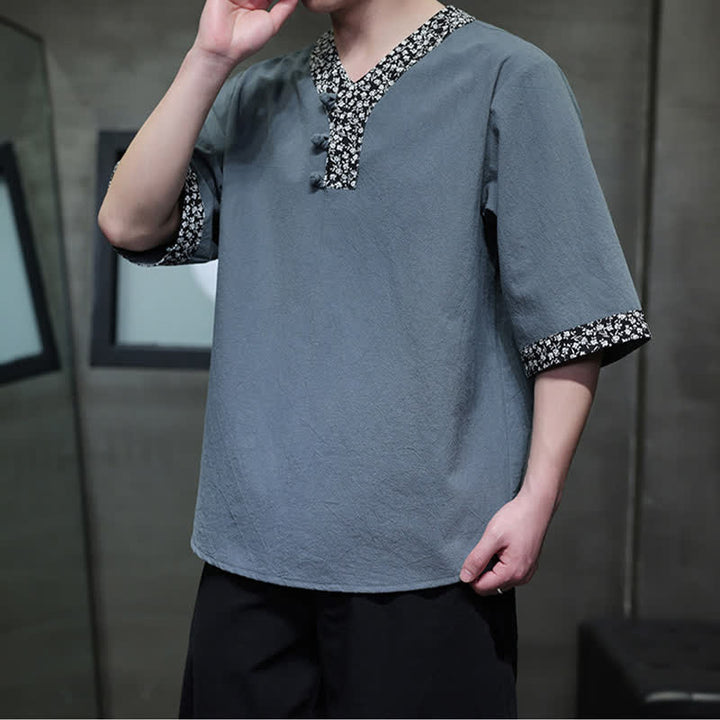 Buddha Stones 夏物カジュアル マンダリンカラー フロッグボタン コットン メンズ 半袖シャツ - カデットブルー - US/UK/AU46、 EU56 (5XL) - image 11
