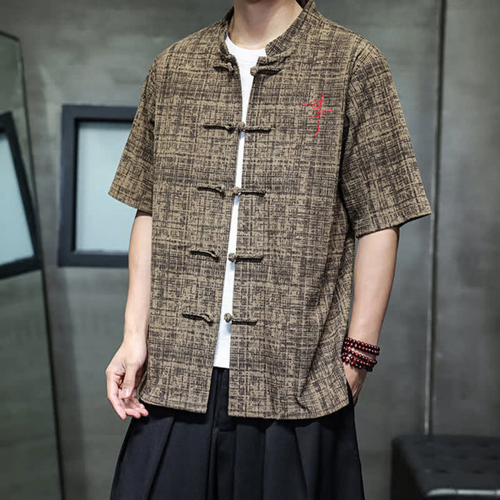 Buddha Stones 夏物カジュアル マンダリンカラー フロッグボタン 無地 メンズ半袖シャツ - image 15