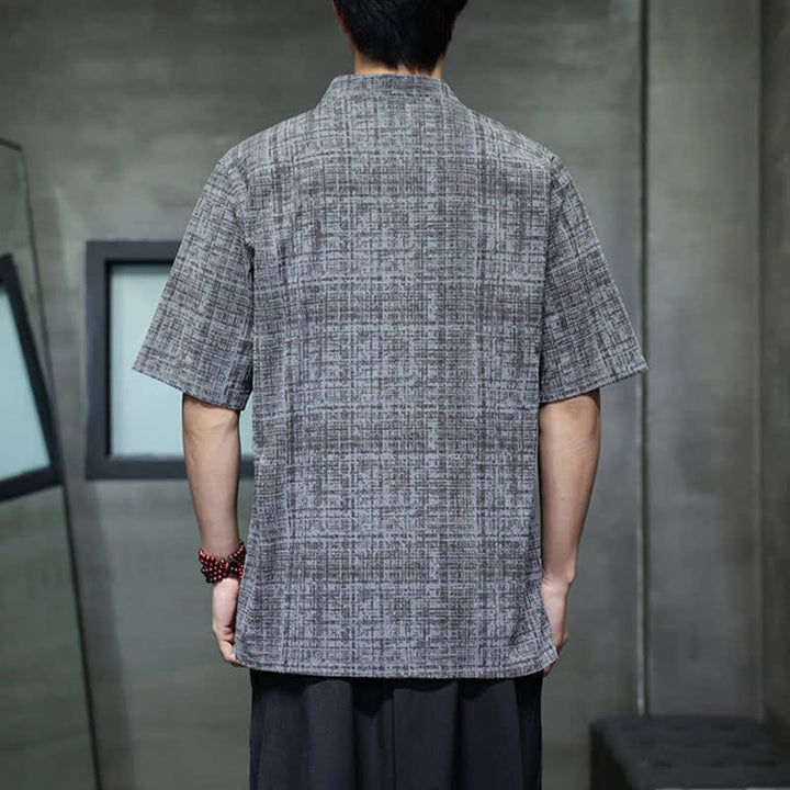 Buddha Stones 夏物カジュアル マンダリンカラー フロッグボタン 無地 メンズ半袖シャツ - image 2