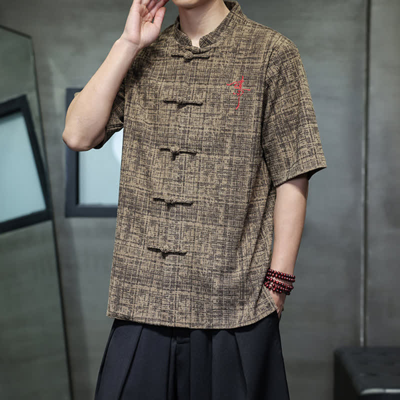 Buddha Stones 夏物カジュアル マンダリンカラー フロッグボタン 無地 メンズ半袖シャツ - image 14