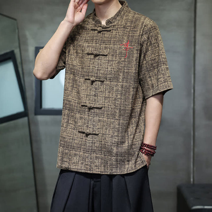 Buddha Stones 夏物カジュアル マンダリンカラー フロッグボタン 無地 メンズ半袖シャツ - image 14
