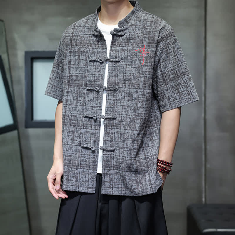 Buddha Stones 夏物カジュアル マンダリンカラー フロッグボタン 無地 メンズ半袖シャツ - image 5