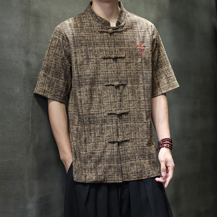 Buddha Stones 夏物カジュアル マンダリンカラー フロッグボタン 無地 メンズ半袖シャツ - image 13