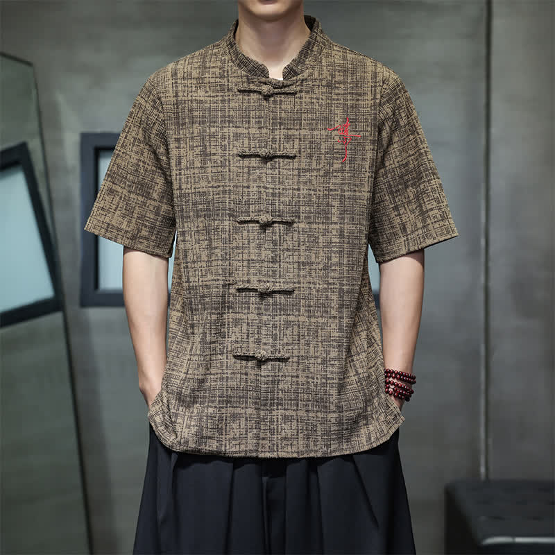 Buddha Stones 夏物カジュアル マンダリンカラー フロッグボタン 無地 メンズ半袖シャツ - ペルー - US/UK/AU46、 EU56 (5XL) - image 11