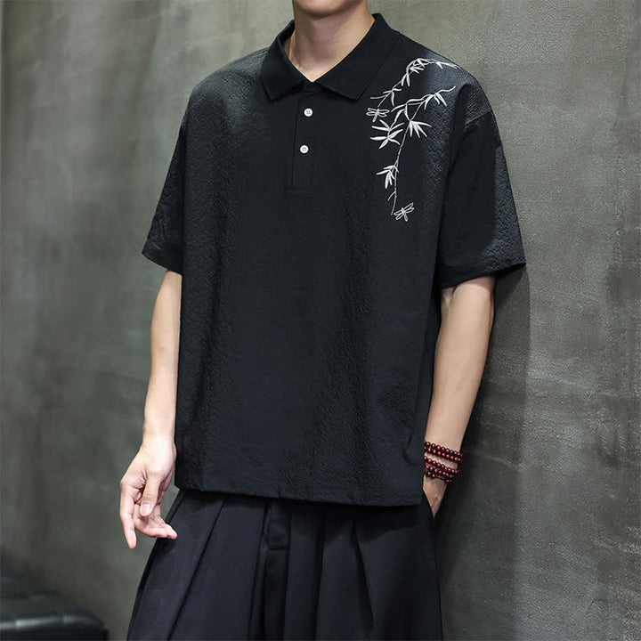 Buddha Stones 夏物カジュアル刺繍入り無地メンズ半袖シャツ - 黒 - US/UK/AU46、 EU56 (5XL) - image 6