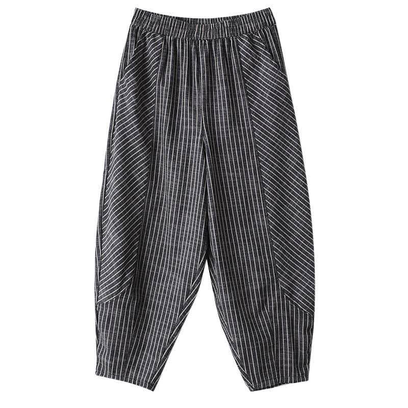 Buddha Stones 夏物カジュアルストライプ柄リネンコットンレディーステーパードパンツ（ポケット付き） - image 9