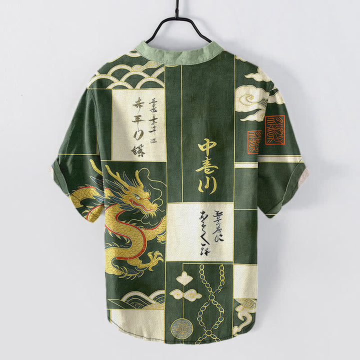 Buddha Stones 綿素材の金龍雲波紋章入りメンズ半袖ハーフボタンシャツ - image 1