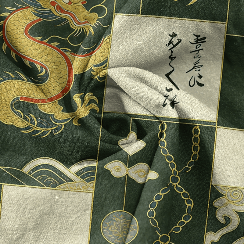 Buddha Stones 綿素材の金龍雲波紋章入りメンズ半袖ハーフボタンシャツ - image 4