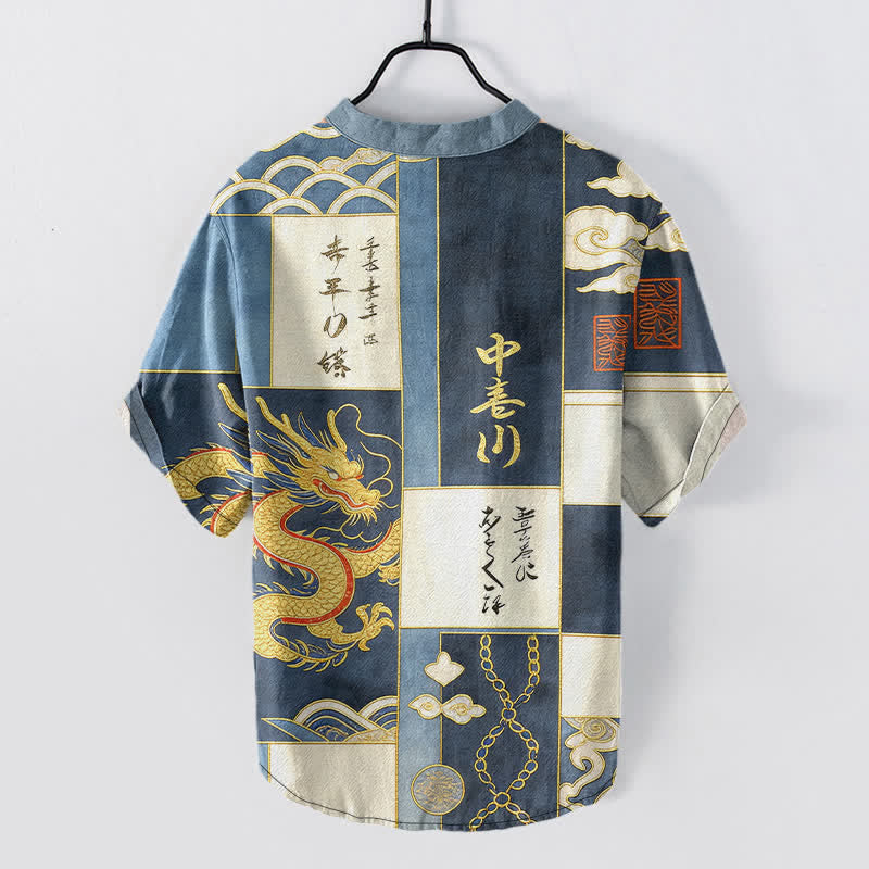 Buddha Stones 綿素材の金龍雲波紋章入りメンズ半袖ハーフボタンシャツ - image 6
