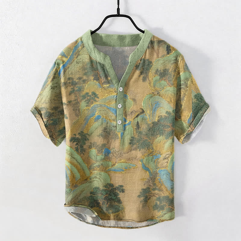 Buddha Stones コットンマウンテンエンブレム メンズ 半袖ハーフボタンシャツ - ダークシーグリーン - US/UK/AU50、EU60（5XL） - image 0