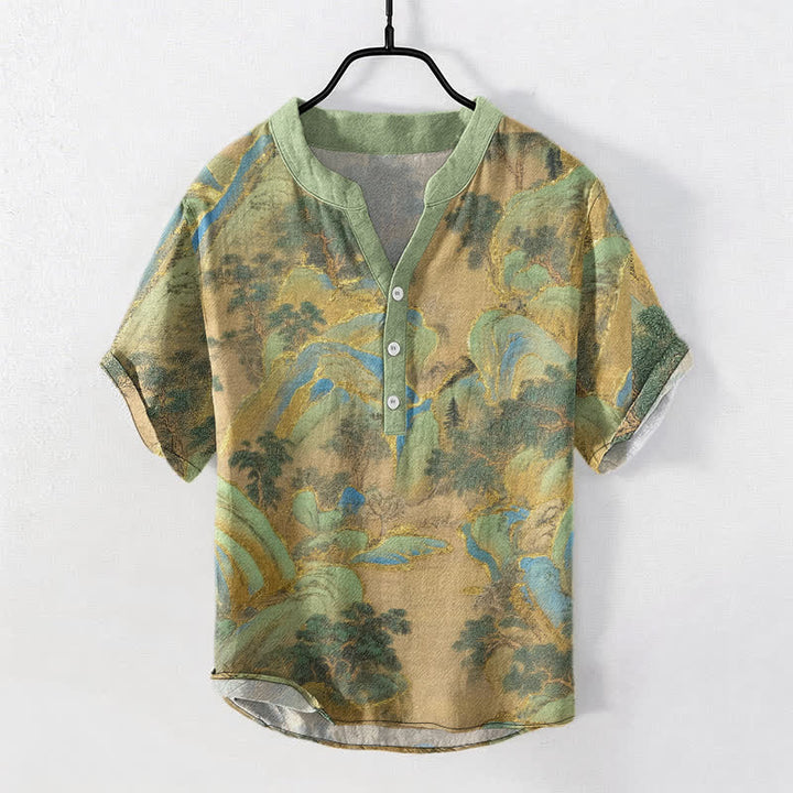 Buddha Stones コットンマウンテンエンブレム メンズ 半袖ハーフボタンシャツ - ダークシーグリーン - US/UK/AU50、EU60（5XL） - image 0