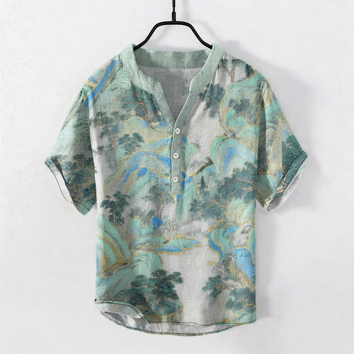 Buddha Stones コットンマウンテンエンブレム メンズ 半袖ハーフボタンシャツ - ミディアムターコイズ - US/UK/AU50、EU60（5XL） - image 5