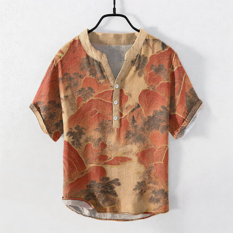 Buddha Stones コットンマウンテンエンブレム メンズ 半袖ハーフボタンシャツ - オレンジレッド - US/UK/AU50、EU60（5XL） - image 7