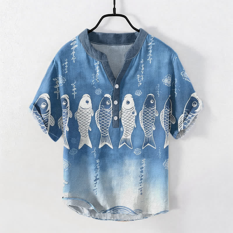 Buddha Stones コットン鯉のエンブレム入りメンズ半袖ハーフボタンシャツ - スチールブルー - US/UK/AU50、EU60（5XL） - image 0