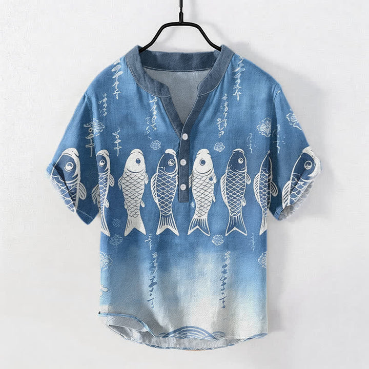 Buddha Stones コットン鯉のエンブレム入りメンズ半袖ハーフボタンシャツ - スチールブルー - US/UK/AU50、EU60（5XL） - image 0
