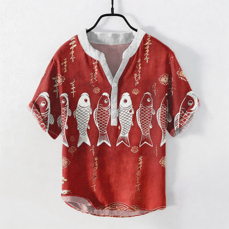 Buddha Stones コットン鯉のエンブレム入りメンズ半袖ハーフボタンシャツ - 耐火レンガ - US/UK/AU50、EU60（5XL） - image 3