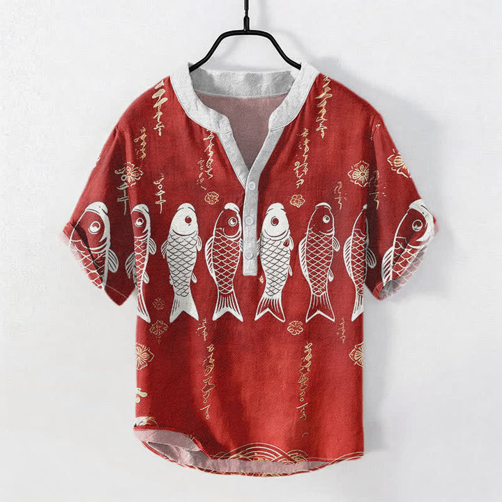 Buddha Stones コットン鯉のエンブレム入りメンズ半袖ハーフボタンシャツ - 耐火レンガ - US/UK/AU50、EU60（5XL） - image 3