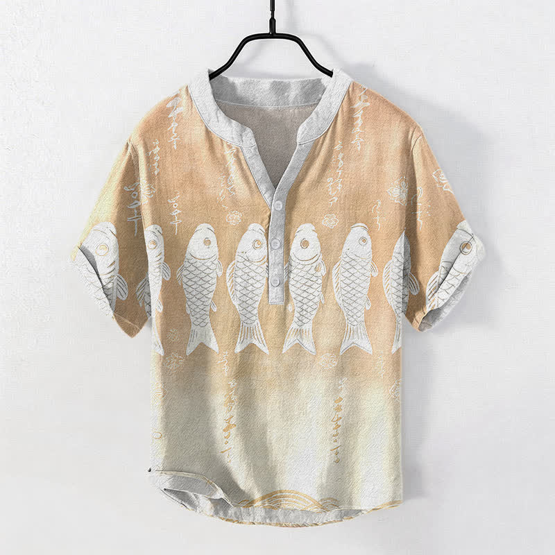 Buddha Stones コットン鯉のエンブレム入りメンズ半袖ハーフボタンシャツ - ブランチドアーモンド - US/UK/AU50、EU60（5XL） - image 5