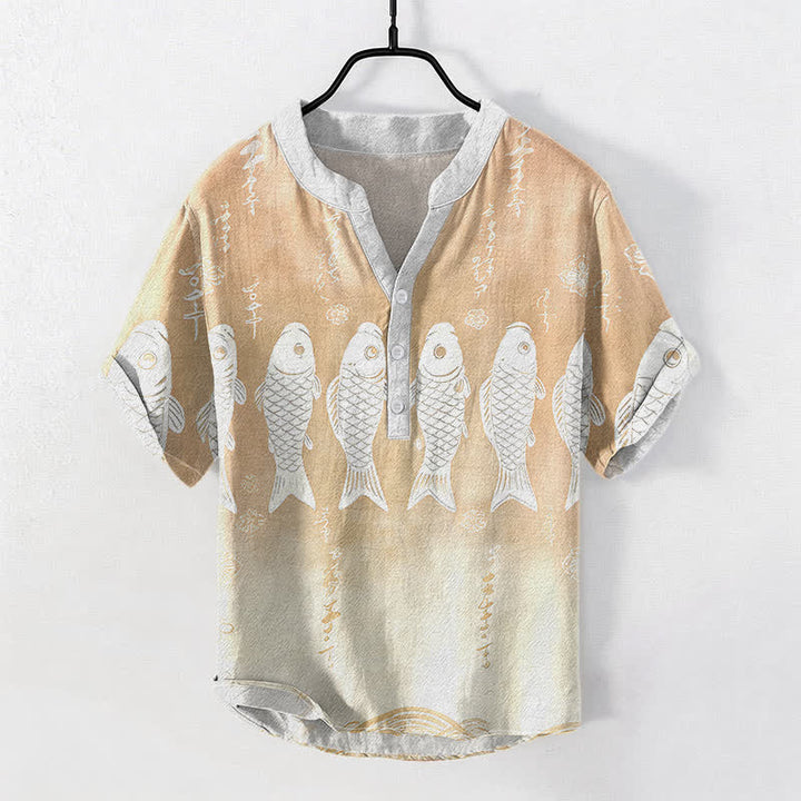 Buddha Stones コットン鯉のエンブレム入りメンズ半袖ハーフボタンシャツ - ブランチドアーモンド - US/UK/AU50、EU60（5XL） - image 5