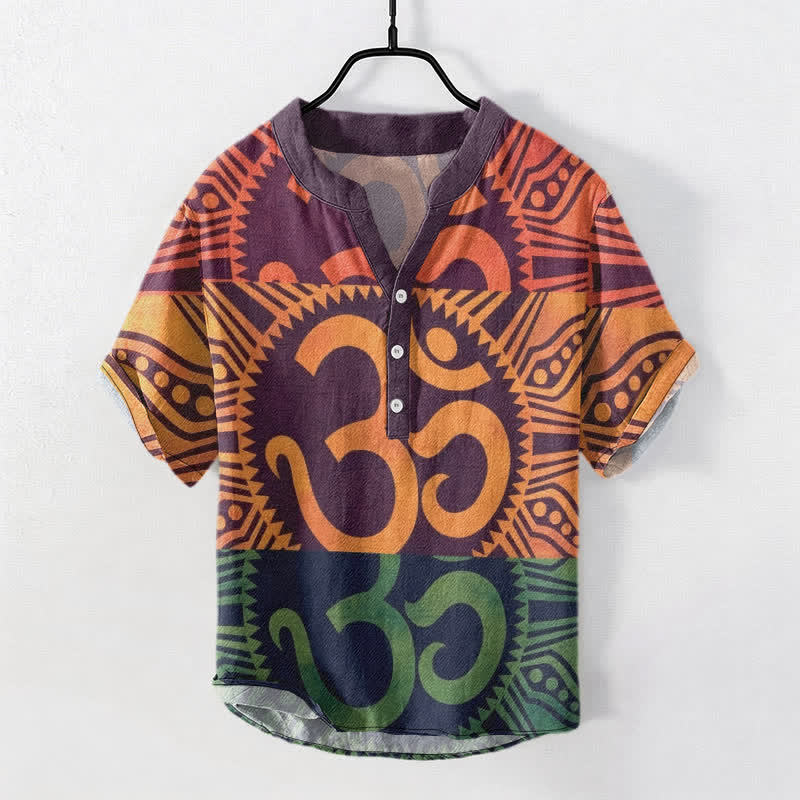 Buddha Stones コットン オム エンブレム メンズ 半袖 ハーフボタンシャツ - ダークバイオレット - US/UK/AU50、EU60（5XL） - image 0