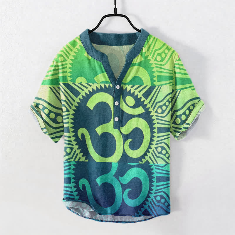 Buddha Stones コットン オム エンブレム メンズ 半袖 ハーフボタンシャツ - シャルトリューズ - US/UK/AU50、EU60（5XL） - image 4