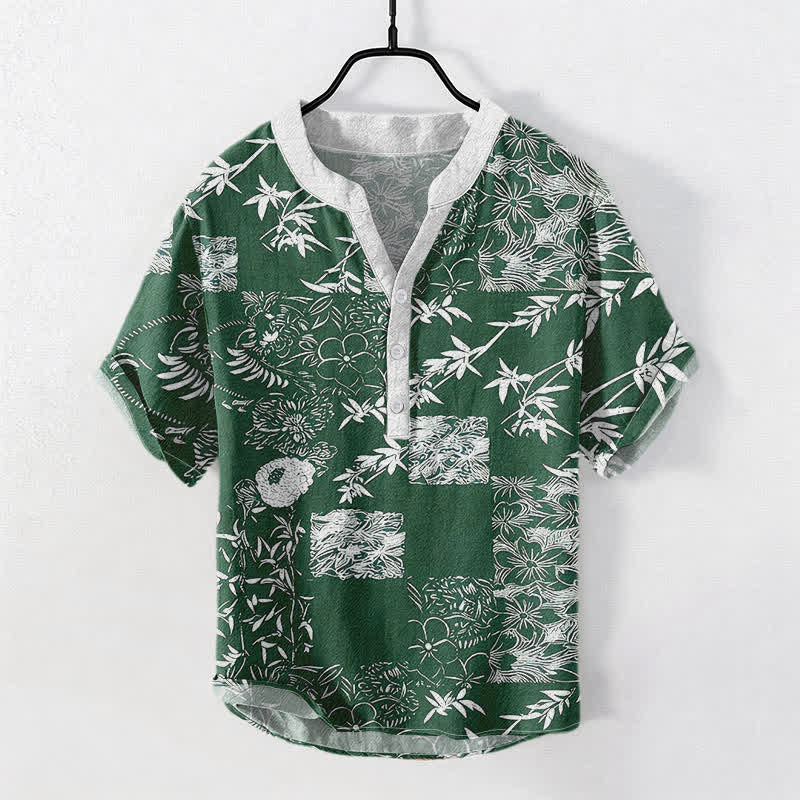 Buddha Stones コットンバンブープラムエンブレム メンズ半袖ハーフボタンシャツ - ダークグリーン - US/UK/AU50、EU60（5XL） - image 0