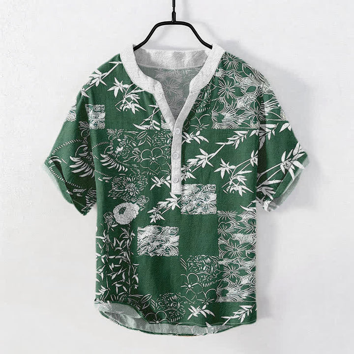 Buddha Stones コットンバンブープラムエンブレム メンズ半袖ハーフボタンシャツ - ダークグリーン - US/UK/AU50、EU60（5XL） - image 0