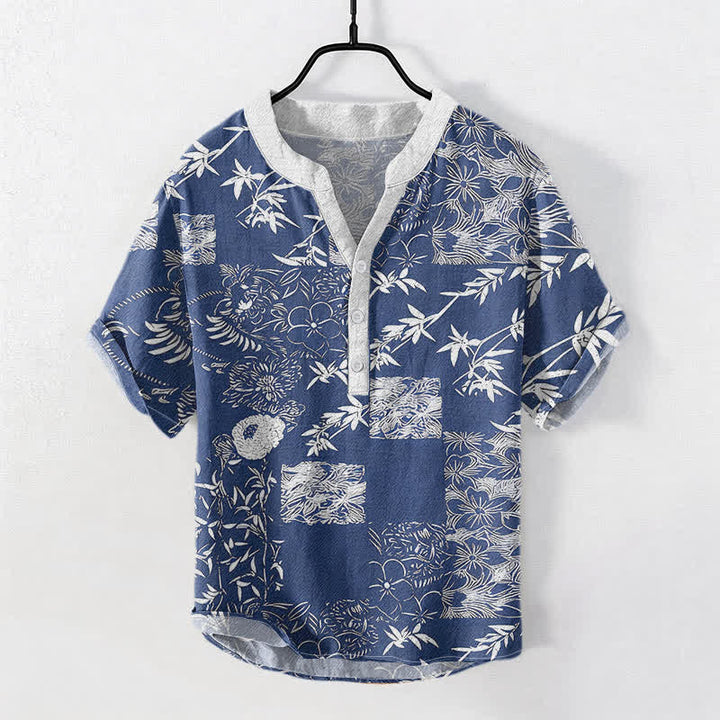 Buddha Stones コットンバンブープラムエンブレム メンズ半袖ハーフボタンシャツ - スチールブルー - US/UK/AU50、EU60（5XL） - image 3