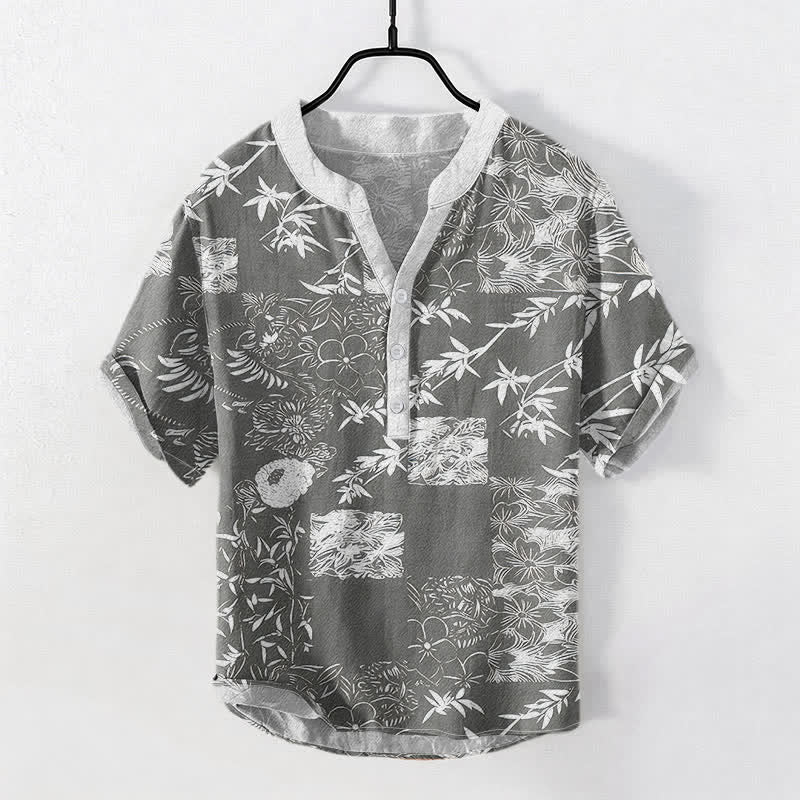 Buddha Stones コットンバンブープラムエンブレム メンズ半袖ハーフボタンシャツ - 薄暗い灰色 - US/UK/AU50、EU60（5XL） - image 5