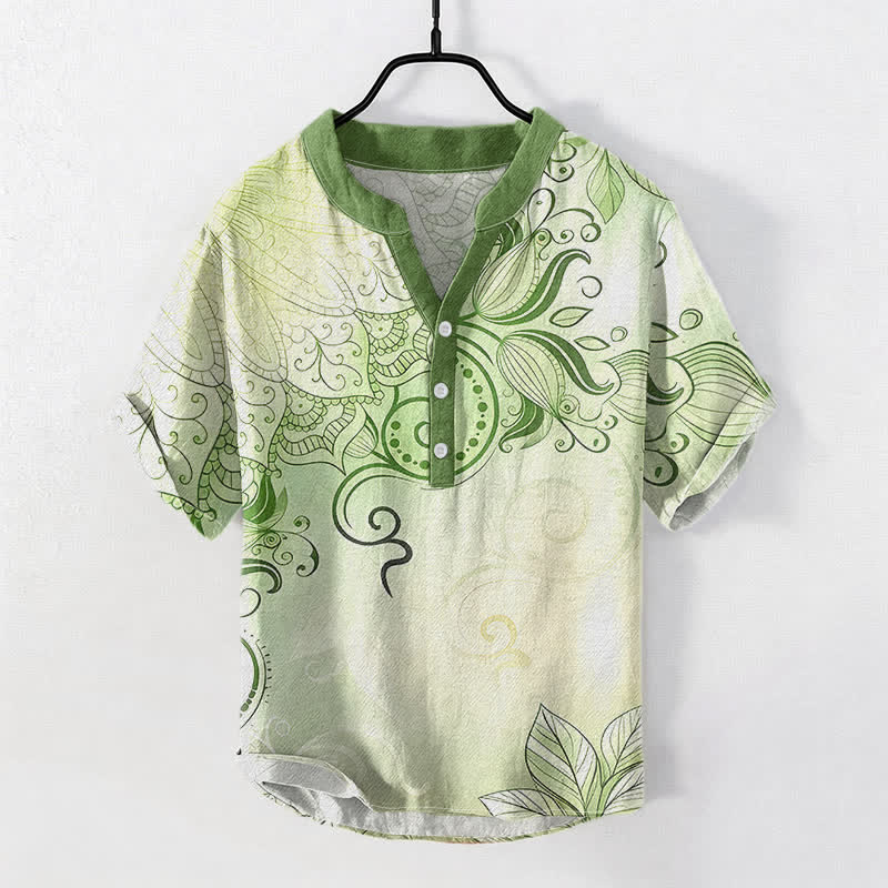 Buddha Stones コットン製マンダラ柄花柄エンブレム メンズ半袖ハーフボタンシャツ - 黄緑 - US/UK/AU50、EU60（5XL） - image 3