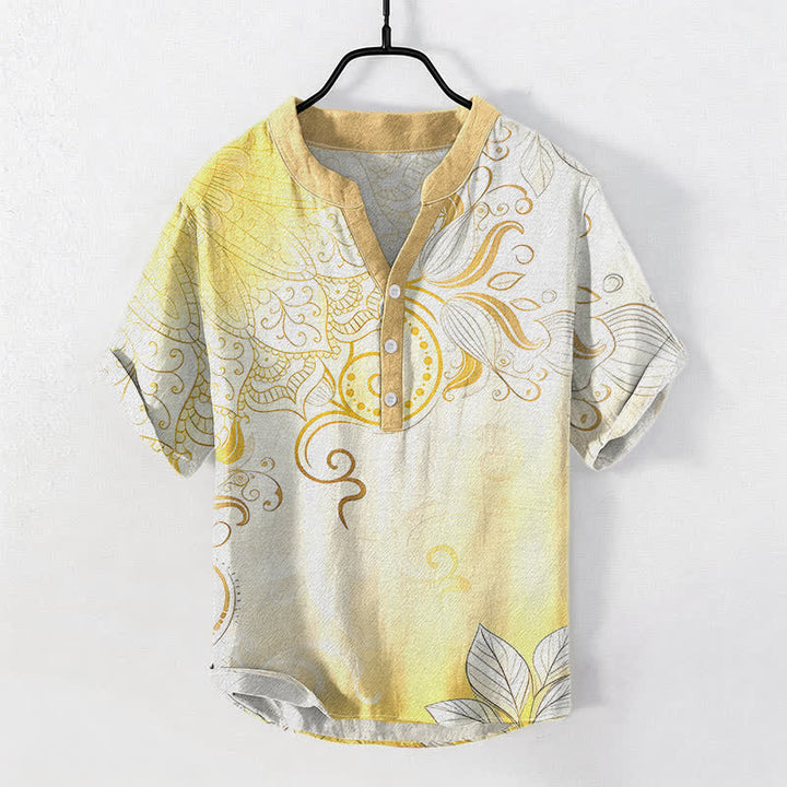 Buddha Stones コットン製マンダラ柄花柄エンブレム メンズ半袖ハーフボタンシャツ - カーキ - US/UK/AU50、EU60（5XL） - image 5