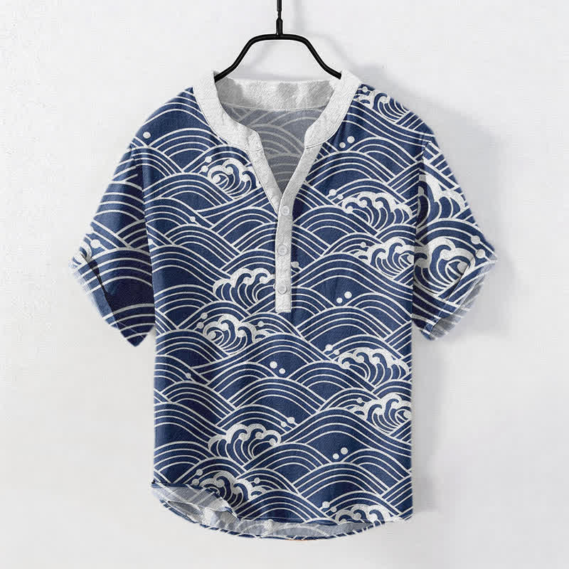 Buddha Stones コットンウェーブエンブレム メンズ 半袖ハーフボタンシャツ - スチールブルー - US/UK/AU50、EU60（5XL） - image 0