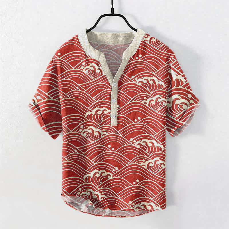 Buddha Stones コットンウェーブエンブレム メンズ 半袖ハーフボタンシャツ - 耐火レンガ - US/UK/AU50、EU60（5XL） - image 3
