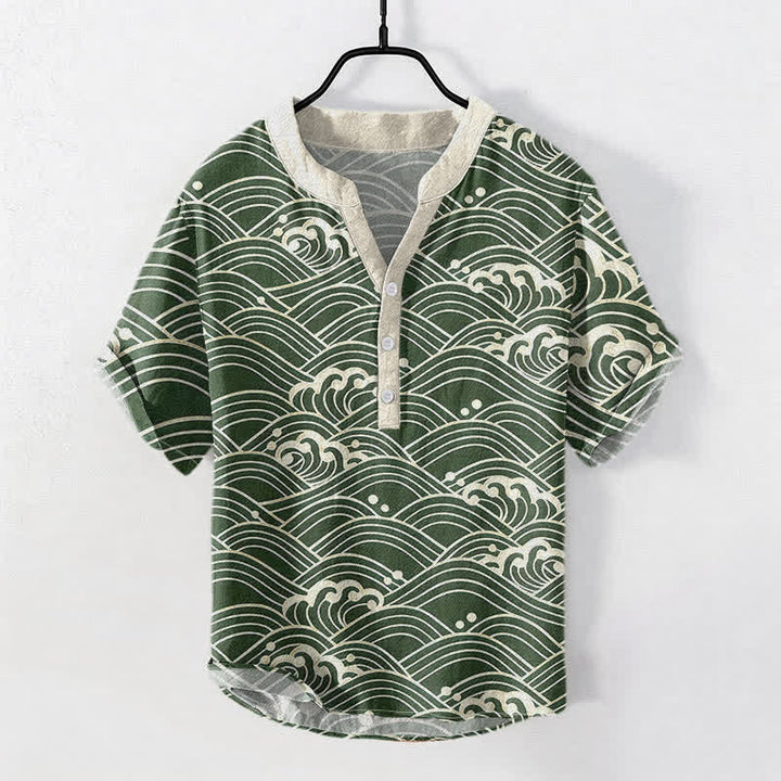 Buddha Stones コットンウェーブエンブレム メンズ 半袖ハーフボタンシャツ - シーグリーン - US/UK/AU50、EU60（5XL） - image 5