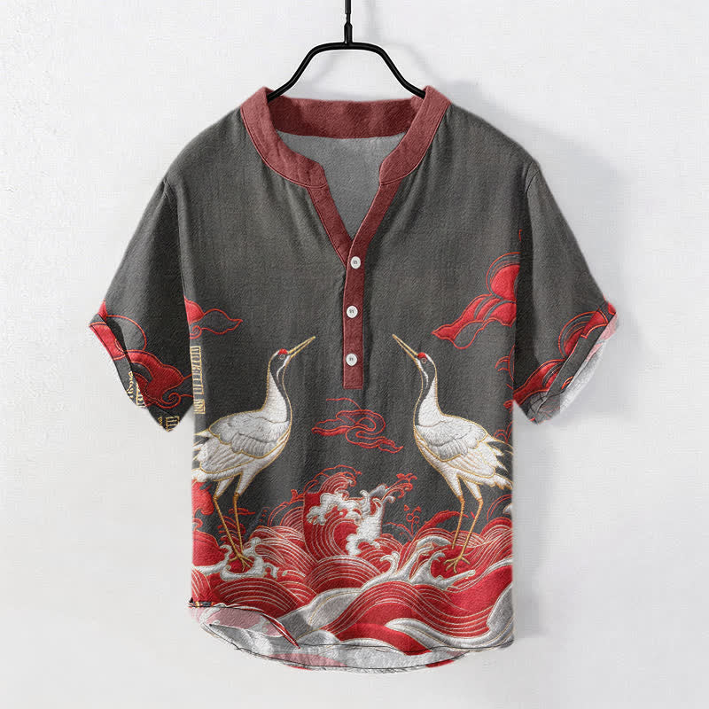 Buddha Stones 綿素材の鶴の波のエンブレム入りメンズ半袖ハーフボタンシャツ - 黒 - US/UK/AU50、EU60（5XL） - image 4