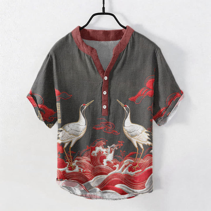Buddha Stones 綿素材の鶴の波のエンブレム入りメンズ半袖ハーフボタンシャツ - 黒 - US/UK/AU50、EU60（5XL） - image 4